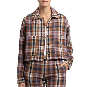 JETTY Womens Medium Plaid Flannel Cropped Shacket Jacket Brown Pink Cotton Shore